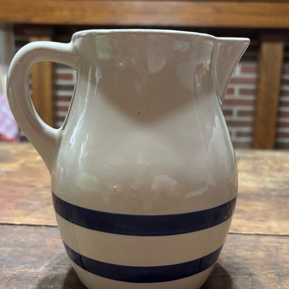 Classic Cream and Blue Striped Ceramic Pitcher